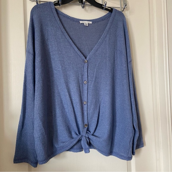 American Eagle Tie-Front Button Up Long Sleeve Cardigan Shirt - Picture 3 of 11